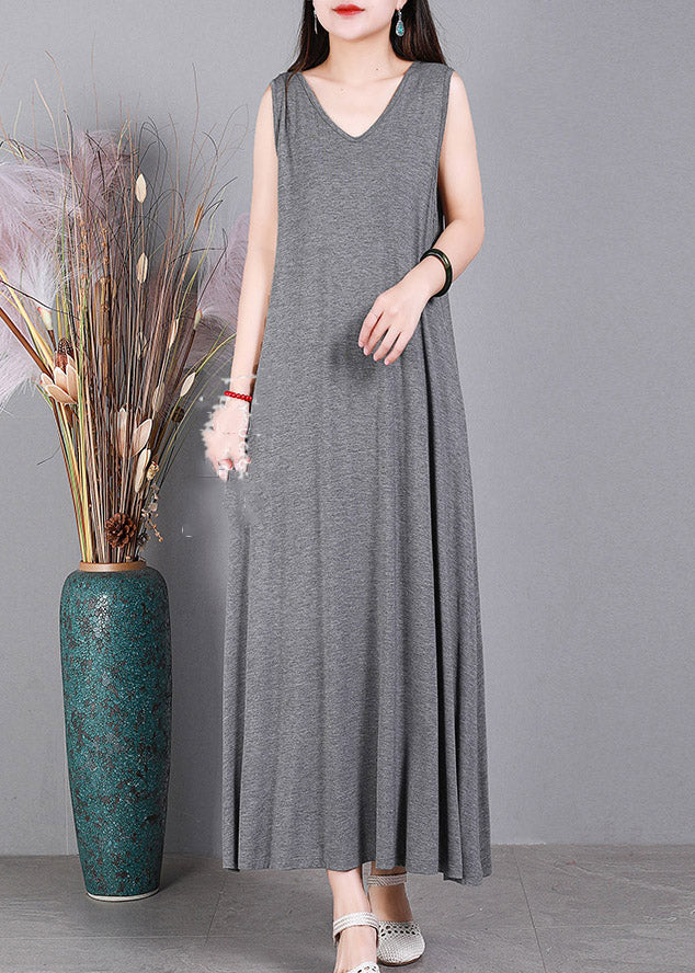 Loose Grey V Neck Cotton Cardigans And Dress Two Pieces Set Summer