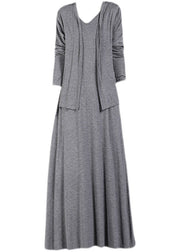 Loose Grey V Neck Cotton Cardigans And Dress Two Pieces Set Summer