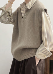 Loose Grey V Neck Cozy Thick Cotton Knit Waistcoat Spring
