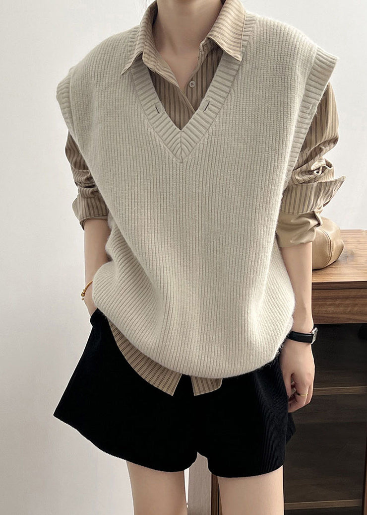 Loose Grey V Neck Cozy Thick Cotton Knit Waistcoat Spring