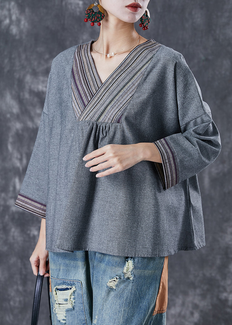 Loose Grey V Neck Patchwork Cotton Blouses Fall