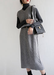 Loose Grey V Neck Patchwork Knit Long Dressess Sleeveless
