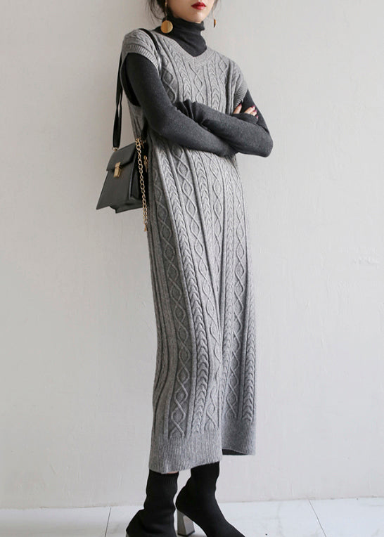 Loose Grey V Neck Patchwork Knit Long Dressess Sleeveless