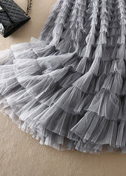 Loose Grey elastic waist Patchwork Tulle Skirt Spring