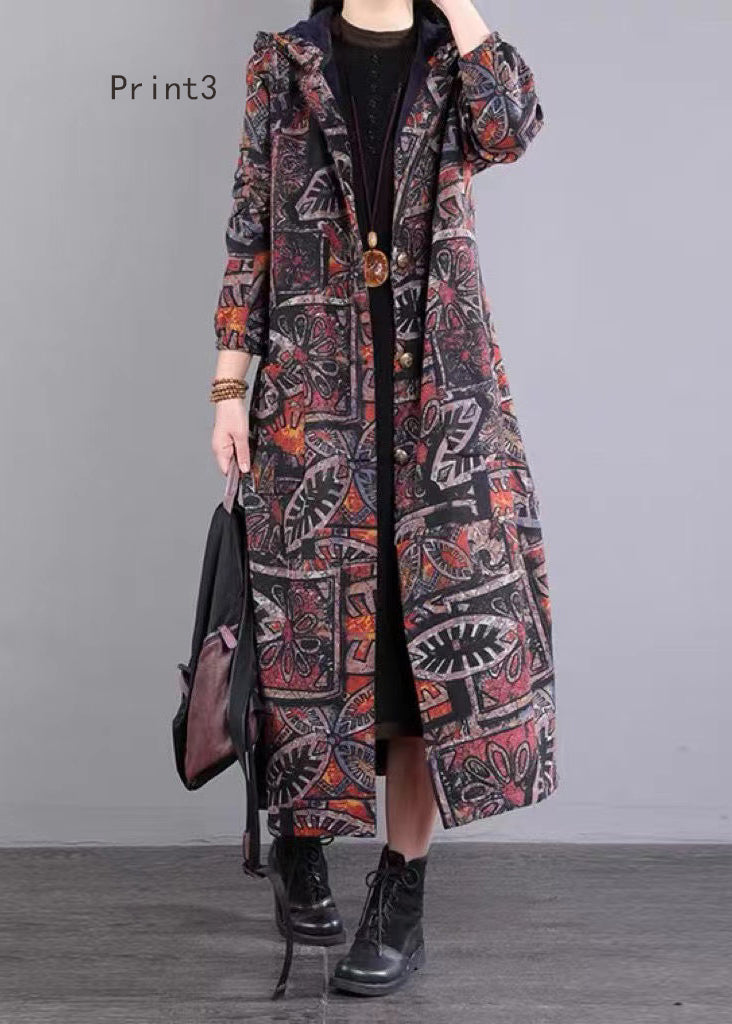 Loose Hooded Button Print Patchwork Fine Cotton Filled Coat Winter