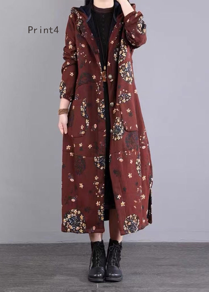 Loose Hooded Button Print Patchwork Fine Cotton Filled Coat Winter