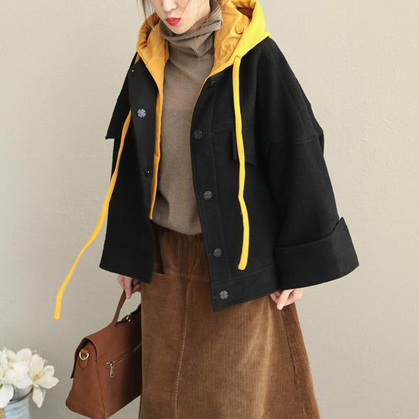 Loose Hoodie Black Fall Winter Short Woolen Coat Women Casual Jackets