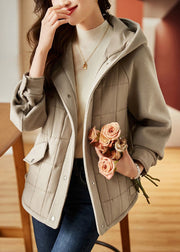 Loose Khaki Hooded Button Pockets Thick Coat Winter