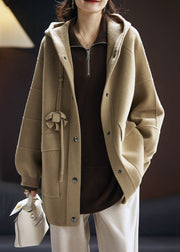 Loose Khaki Hooded Pockets Patchwork Cotton Coats Long Sleeve