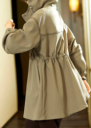 Loose Khaki Hooded Zippered Drawstring Cotton Coats Spring