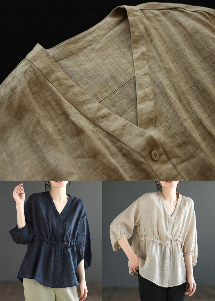 Loose Khaki Low High Design Patchwork Linen Top Summer