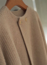 Loose Khaki O Neck Button Patchwork Cotton Knit Tops Fall