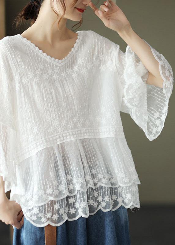 Loose Khaki O-Neck Embroideried Patchwork Summer Shirts Half Sleeve - SooLinen