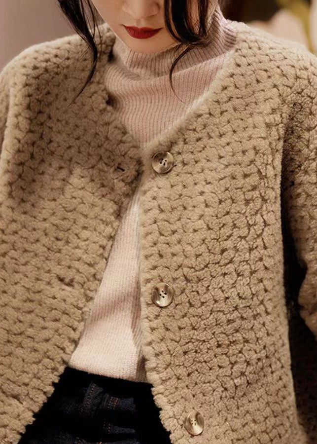 Loose Khaki O Neck Pockets Patchwork Wool Coats Winter