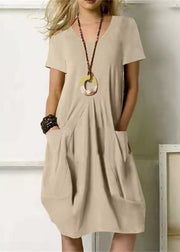 Loose Khaki O-Neck Wrinkled Solid Linen Long Dresses Short Sleeve