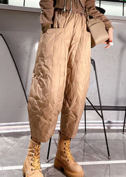 Loose Khaki Pockets Elastic Waist Fine Cotton Filled Crop Pants Winter