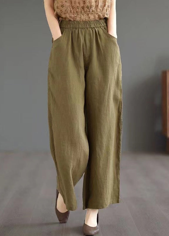 Loose Khaki Pockets Elastic Waist Linen Wide Leg Pants Summer