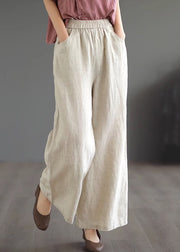 Loose Khaki Pockets Elastic Waist Linen Wide Leg Pants Summer