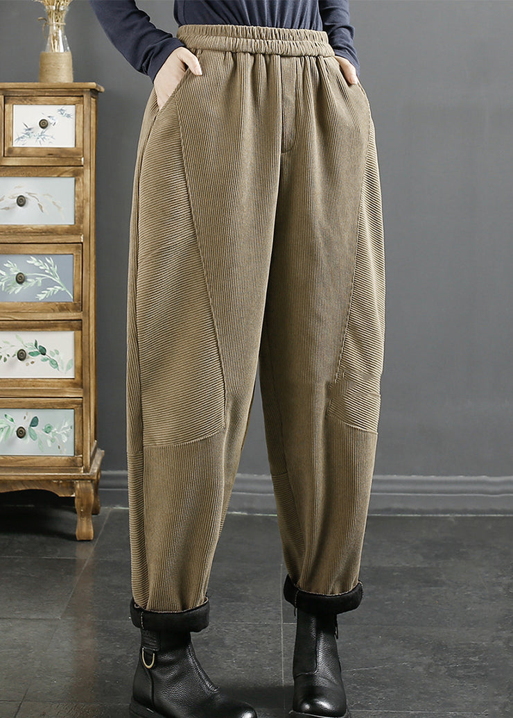 Loose Khaki Pockets Elastic Waist Warm Fleece Corduroy Pants Winter