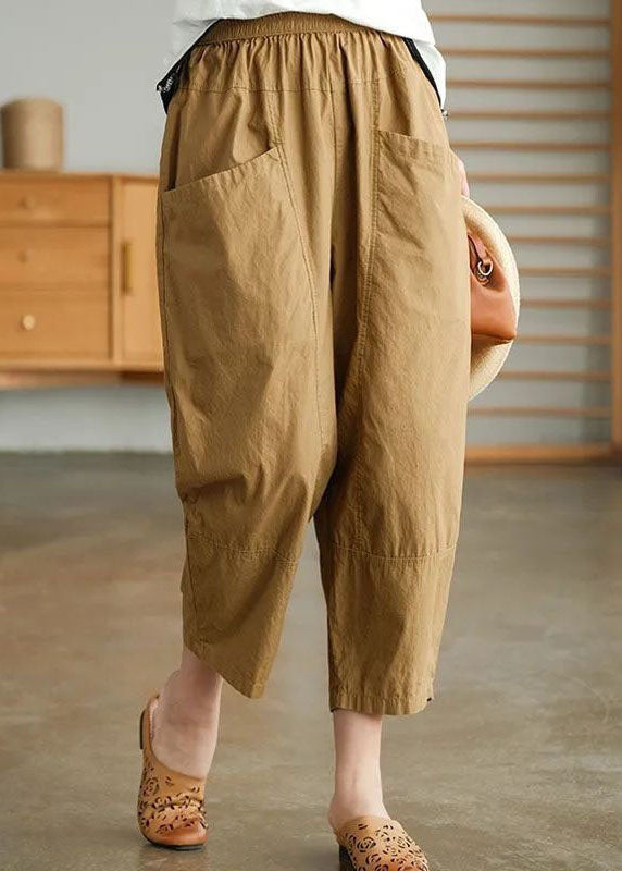 Loose Khaki Pockets Patchwork Cotton Crop Pants Summer