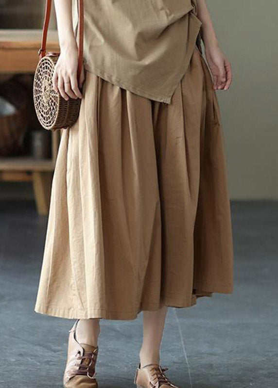 Loose Khaki Pockets Wrinkled Elastic Waist Cotton Skirt Summer
