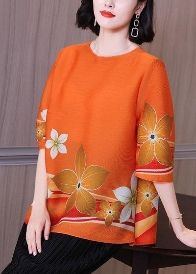 2021 New Orange Floral Half Sleeve Blouse Plus Size - SooLinen