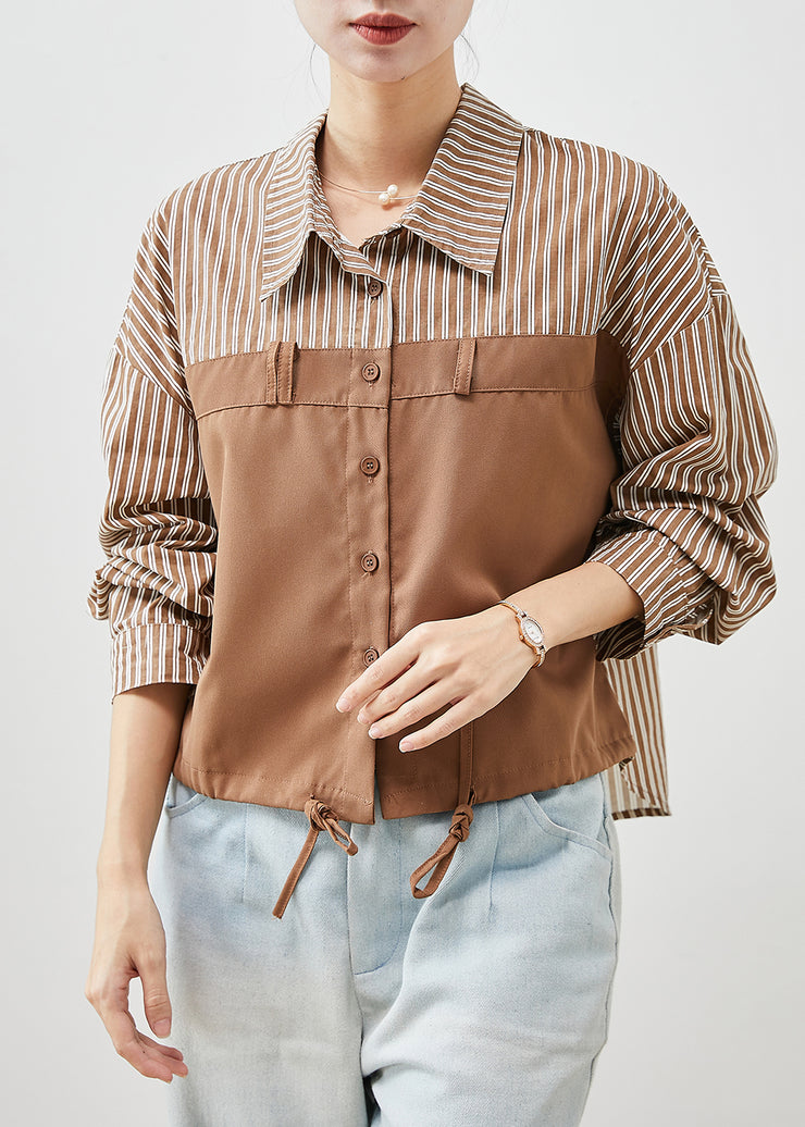 Loose Khaki Striped Patchwork Drawstring Cotton Shirts Spring