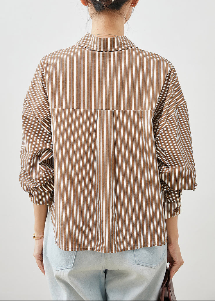 Loose Khaki Striped Patchwork Drawstring Cotton Shirts Spring