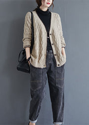Loose Khaki V Neck Hollow Out Button Knit Cardigan Fall