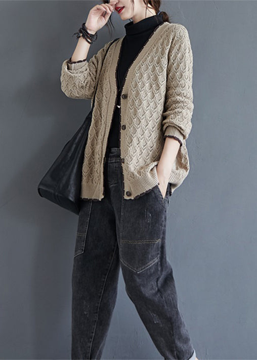 Loose Khaki V Neck Hollow Out Button Knit Cardigan Fall