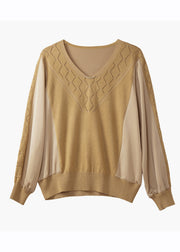 Loose Khaki V Neck Hollow Out Patchwork Knit Sweaters Long Sleeve