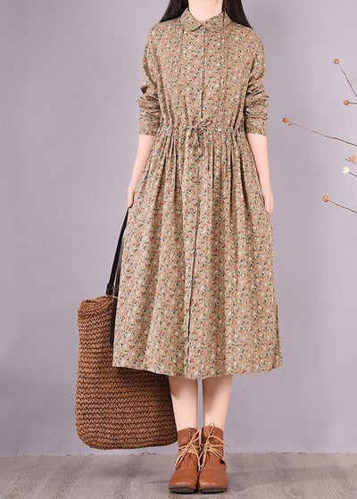 Loose Lapel Drawstring Spring Tunic Pattern Sewing Khaki Print Maxi Dresses - SooLinen