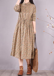 Loose Lapel Drawstring Spring Tunic Pattern Sewing Khaki Print Maxi Dresses - SooLinen