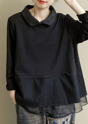 Plus Size Black Tops Lapel Patchwork Clothes Pattern - SooLinen