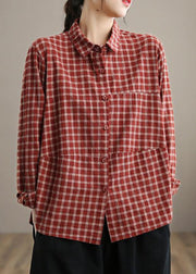Loose Lapel Patchwork Spring Blouse Sleeve Red Plaid Top - SooLinen