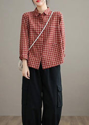 Loose Lapel Patchwork Spring Blouse Sleeve Red Plaid Top - SooLinen