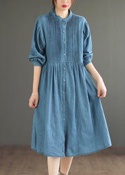 Loose Light Blue Wrinkled Button Denim Shirt Dress Spring