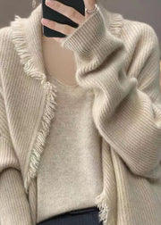 Loose Light Camel Tasseled Patchwork Knit Cardigans Fall