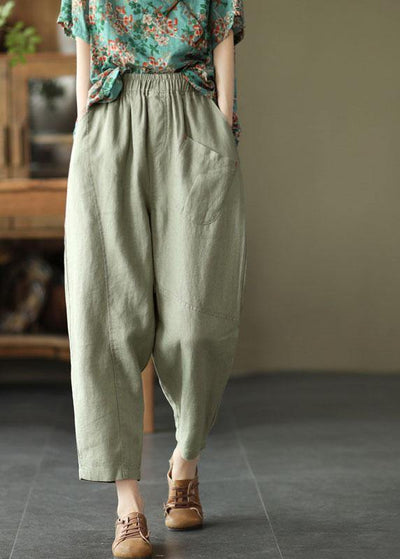 Loose Light Green Pockets Summer Pants Linen - SooLinen