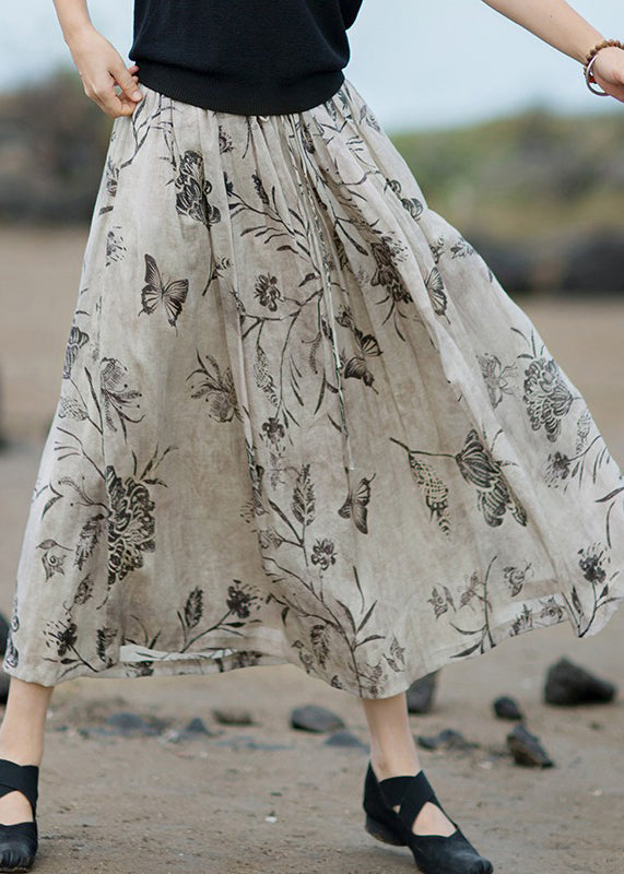 Loose Light Grey Print Pockets Lace Up Cotton Skirts Summer