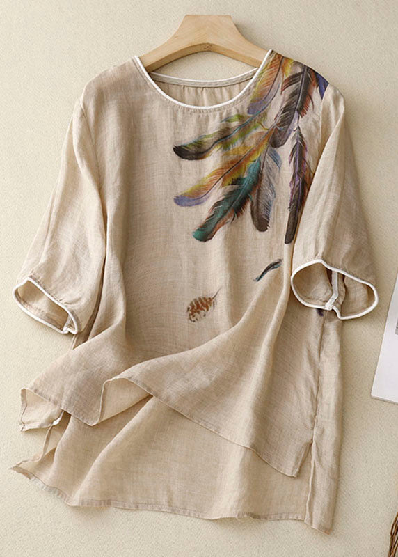 Loose Linen Colour Print Low High Design Patchwork Cotton T Shirts Summer