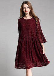 Loose Mulberry Lace Wrinkled Spring Long Dress Three Quarter Sleeve - SooLinen