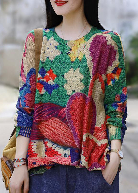 Loose Multi O Neck Patchwork Cozy Cotton Knit Top Long Sleeve