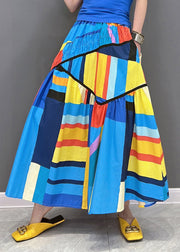 Loose Multi Striped wrinkled Patchwork Pockets Elastic Waist Skirt Summer