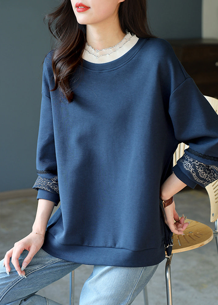 Loose Navy Blue O-Neck Lace Patchwork Bright Silk Sweatshirts Long Sleeve