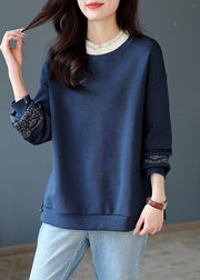 Loose Navy Blue O-Neck Lace Patchwork Bright Silk Sweatshirts Long Sleeve