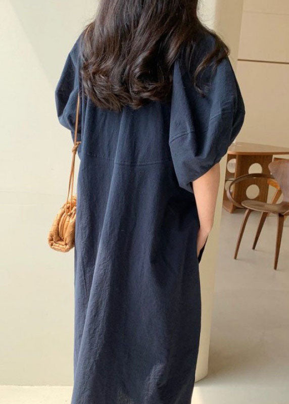 Loose Navy Cotton Vacation Loose Dresses Short Sleeve