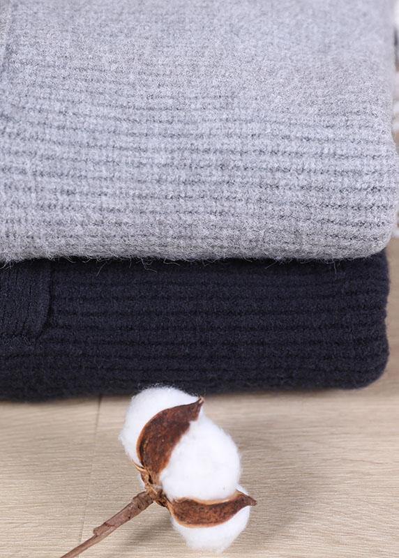 Loose Navy High Neck Button Fall Knit Sweater - SooLinen