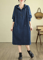 Loose Navy Hooded Button Pockets Denim Dresses Fall