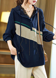 Loose Navy Hooded Button Zircon Patchwork Top Fall